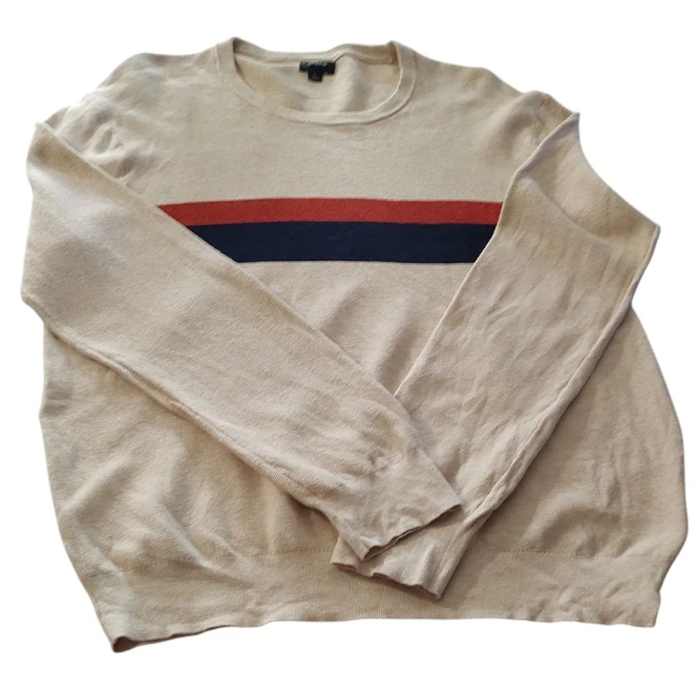 J Crew Cotton Striped Sweater Neutral Rust Navy Stripe Crew Neck Mens Size Large